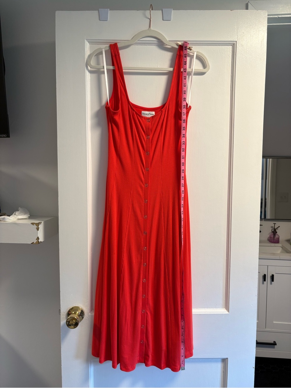 Privacy Please Bright Red Button-Front Ribbed Midi Dress
